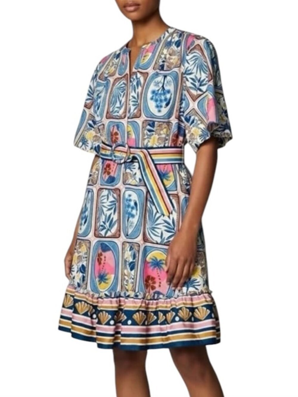Joie Tropical Floral Short Puff Sleeve Stamps Cotton V-Neck Belted Mini Dress 16